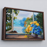 Altın Çerçeveli Pencere Kenarıdaki Çiçek Buketi Kanvas Duvar Tablosu