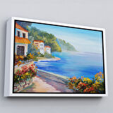 Beyaz Çerçeveli Deniz Manzarası Yağlıboya Görünüm Dekoratif Kanvas Duvar Tablosu