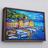 Siyah Çerçeveli Liman Tekneleri Yağlıboya Görünüm Dekoratif Kanvas Duvar Tablosu