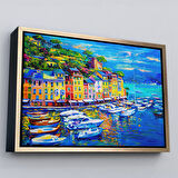 Siyah Çerçeveli Liman Tekneleri Yağlıboya Görünüm Dekoratif Kanvas Duvar Tablosu