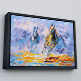 Altın Çerçeveli Koşan Atlar Yağlıboya Görünüm Dekoratif Kanvas Duvar Tablosu