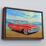 Beyaz Çerçeveli Kızmızı Retro Araba Yağlıboya Görünüm Dekoratif Kanvas Duvar Tablosu