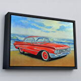 Beyaz Çerçeveli Kızmızı Retro Araba Yağlıboya Görünüm Dekoratif Kanvas Duvar Tablosu