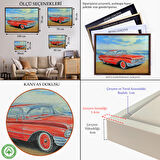 Beyaz Çerçeveli Kızmızı Retro Araba Yağlıboya Görünüm Dekoratif Kanvas Duvar Tablosu
