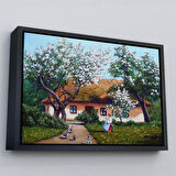 Kahverengi Çerçeveli İlkbahar Köy Evi Yağlıboya Görünüm Dekoratif Kanvas Duvar Tablosu