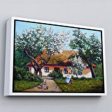 Kahverengi Çerçeveli İlkbahar Köy Evi Yağlıboya Görünüm Dekoratif Kanvas Duvar Tablosu