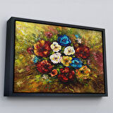 Siyah Çerçeveli Çiçek Buketi Yağlıboya Görünüm Dekoratif Kanvas Duvar Tablosu