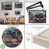 Beyaz Çerçeveli Eski Siyah Araba Yağlıboya Görünüm Dekoratif Kanvas Duvar Tablo