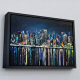 Siyah Çerçeveli Kıyı Şehrin de Gece Yağlıboya Görünüm Dekoratif Kanvas Duvar Tablosu