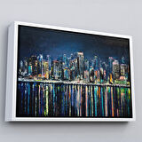 Siyah Çerçeveli Kıyı Şehrin de Gece Yağlıboya Görünüm Dekoratif Kanvas Duvar Tablosu