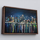 Siyah Çerçeveli Kıyı Şehrin de Gece Yağlıboya Görünüm Dekoratif Kanvas Duvar Tablosu