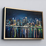 Siyah Çerçeveli Kıyı Şehrin de Gece Yağlıboya Görünüm Dekoratif Kanvas Duvar Tablosu