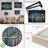 Siyah Çerçeveli Kıyı Şehrin de Gece Yağlıboya Görünüm Dekoratif Kanvas Duvar Tablosu