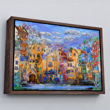 Kahverengi Çerçeveli Eski Avrupa Kasabası Yağlıboya Görünüm Dekoratif Kanvas Tablo