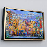 Kahverengi Çerçeveli Eski Avrupa Kasabası Yağlıboya Görünüm Dekoratif Kanvas Tablo