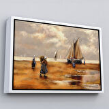 Beyaz Çerçeveli Balıkçılar ve Sahildeki Yelkenli Duvar Tablosu