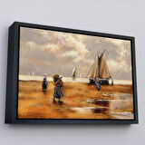 Kahverengi Çerçeveli Balıkçılar ve Sahildeki Yelkenli Duvar Tablosu