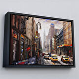 Siyah Çerçeveli New York Sokakları Ve Sarı Taksi Yağlıboya Görünüm Tablo