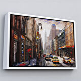 Siyah Çerçeveli New York Sokakları Ve Sarı Taksi Yağlıboya Görünüm Tablo