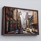 Siyah Çerçeveli New York Sokakları Ve Sarı Taksi Yağlıboya Görünüm Tablo