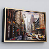Siyah Çerçeveli New York Sokakları Ve Sarı Taksi Yağlıboya Görünüm Tablo