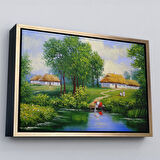 Kahverengi Çerçeveli Akarsudan Su Dolduran Kadın Yağlıboya Görünüm Dekoratif Kanvas Duvar Tablosu