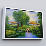 Kahverengi Çerçeveli Akarsudan Su Dolduran Kadın Yağlıboya Görünüm Dekoratif Kanvas Duvar Tablosu