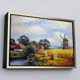 Altın Çerçeveli Buğday Tarlası Ve Değirmen Yağlıboya Görünüm Dekoratif Kanvas Duvar Tablosu