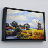 Altın Çerçeveli Buğday Tarlası Ve Değirmen Yağlıboya Görünüm Dekoratif Kanvas Duvar Tablosu