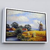 Altın Çerçeveli Buğday Tarlası Ve Değirmen Yağlıboya Görünüm Dekoratif Kanvas Duvar Tablosu