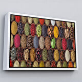 Altın Çerçeveli Mutfak Masasın da Baharatlar Dekoratif Kanvas Duvar Tablosu