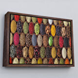 Altın Çerçeveli Mutfak Masasın da Baharatlar Dekoratif Kanvas Duvar Tablosu