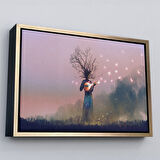 Altın Çerçeveli Geceyarısı Ud Çalan Kadın Kanvas Tablo