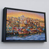 Altın Çerçeveli Eminönü Balıkçı Tekneleri Yağlıboya Görünümlü Kanvas Tablo