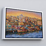 Altın Çerçeveli Eminönü Balıkçı Tekneleri Yağlıboya Görünümlü Kanvas Tablo