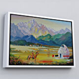 Kahverengi Çerçeveli Kazakistan da Bir Göçebe Çadırı Yağlıboya Görünüm Dekoratif Kanvas Duvar Tablosu