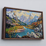 Siyah Çerçeveli Kafkas Dağları Manzaralı Yağlıboya Görünüm Dekoratif Kanvas Duvar Tablosu