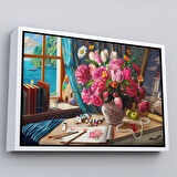 Beyaz Çerçeveli Deniz Manzaralı Yağlıboya Görünüm Dekoratif Kanvas Tablo