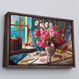 Beyaz Çerçeveli Deniz Manzaralı Yağlıboya Görünüm Dekoratif Kanvas Tablo