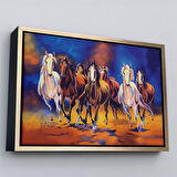 Altın Çerçeveli Koşan Atlar Yağlıboya Görünüm Dekoratif Kanvas Tablo