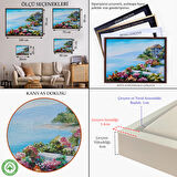 Siyah Çerçeveli Rengarenk Çiçekler Arasındaki Deniz Manzaralı Ev Duvar Tablosu