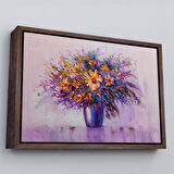 Kahverengi Çerçeveli Yağlıboya Görünümlü Vazo İçerisindeki Renkli Çiçekler Duvar Tablosu