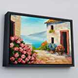 Siyah Çerçeveli Çiçekler Arasındaki Deniz Manzaralı Ev Duvar Tablosu