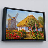 Kahverengi Çerçeveli Köy Evi Manzarası Yağlıboya Görünüm Dekoratif Kanvas Duvar Tablosu