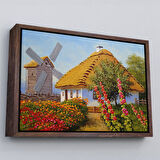 Siyah Çerçeveli Köy Evi Manzarası Yağlıboya Görünüm Dekoratif Kanvas Duvar Tablosu