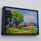 Kahverengi Çerçeveli Ukrayna Köy Evi Manzarası Yağlıboya Görünüm Dekoratif Kanvas Duvar Tablosu