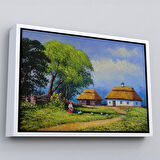 Kahverengi Çerçeveli Ukrayna Köy Evi Manzarası Yağlıboya Görünüm Dekoratif Kanvas Duvar Tablosu