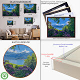 Kahverengi Çerçeveli Mor Çiçekler Arasındaki Göl Manzaralı Ev Duvar Tablosu