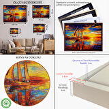 Beyaz Çerçeveli Deniz ve Yelkenli Manzarası Yağlıboya Görünüm Dekoratif Kanvas Duvar Tablosu