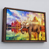 Beyaz Çerçeveli Fil ve Taç Mahal Manzaralı Yağlıboya Görünüm Dekoratif Kanvas Duvar Tablosu